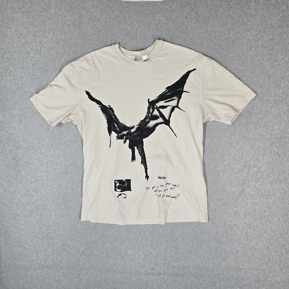 Post Malone Men Shirt M Beige Graphic Dragon Logo Short Sleeve READ